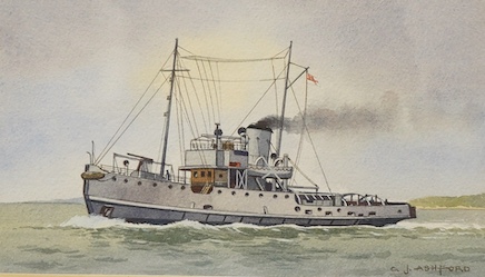 Colin James Ashford (1919-2020), HM Fleet Tug Buccaneer, signed, watercolour, 12.5 x 22cm